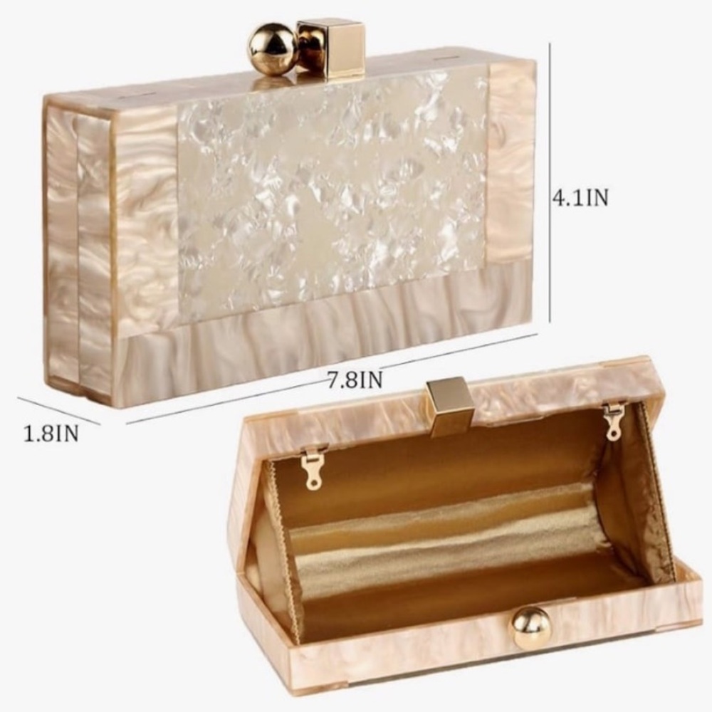 Menurra Acrylic Box Clutch Champagne Cream w/ Glossy Marble Handbag w/Gold Chain - Picture 12 of 12